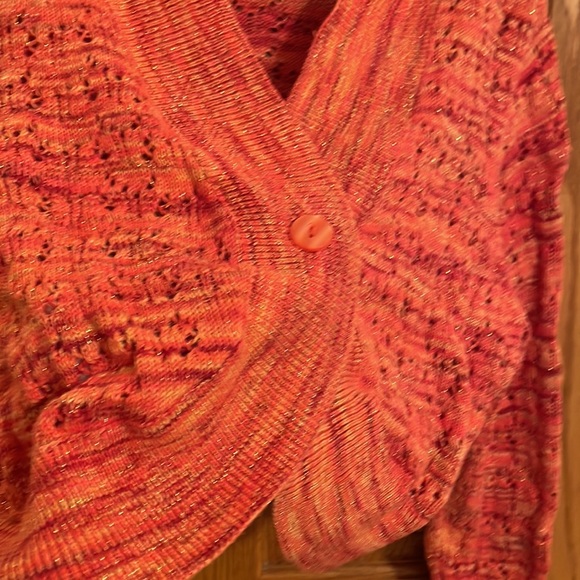 Short shrug sweater. Orange, Pink, gold thread Long sleeves w/hood.  Plus size - Picture 5 of 7